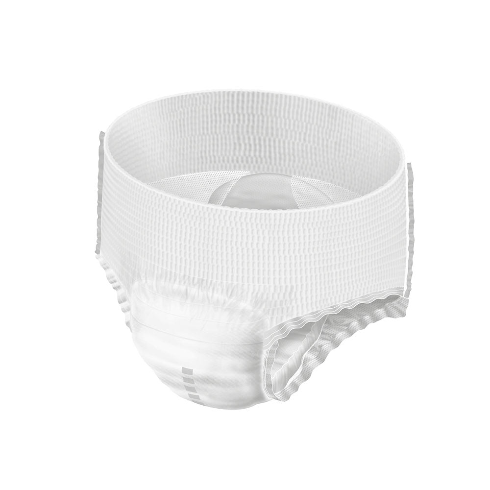 Molicare Premium Mobile Inkontinenzhosen in der Größe L, verpackt in einer Transparentfolie. Die Hose ist schwarz und hat einen dezenten, modernen Look. Auf der Verpackung sind spezifische Produktdetails wie die Anzahl der Tropfen (8) und die Größe gut lesbar. Das Design der Hose deutet auf hohen Tragekomfort hin, während die Abbildung die weiche Materialbeschaffenheit unterstreicht. Im Hintergrund ist ein neutraler hellgrauer Farbton, der das Produkt hervorhebt.