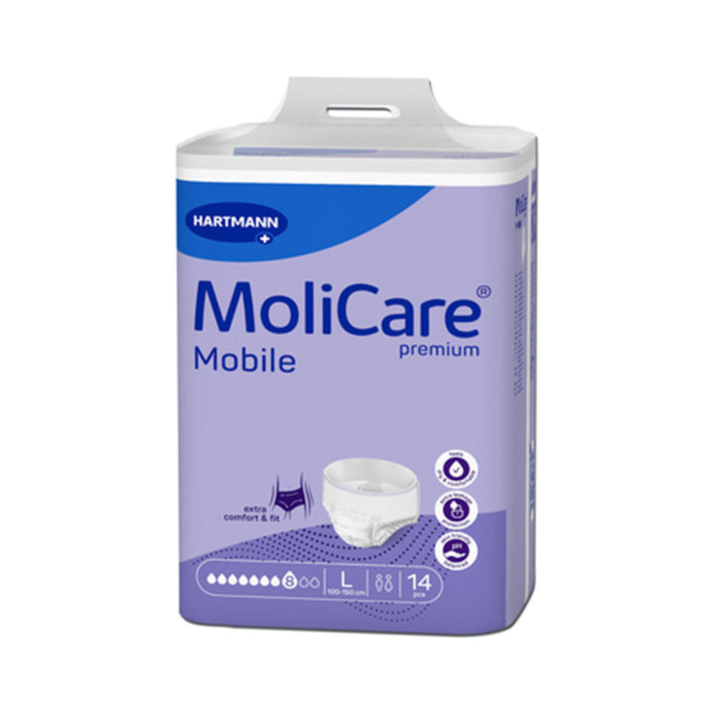 Frontalansicht einer Packung MoliCare Premium Mobile 8 Tropfen Large Inkontinenzhosen.