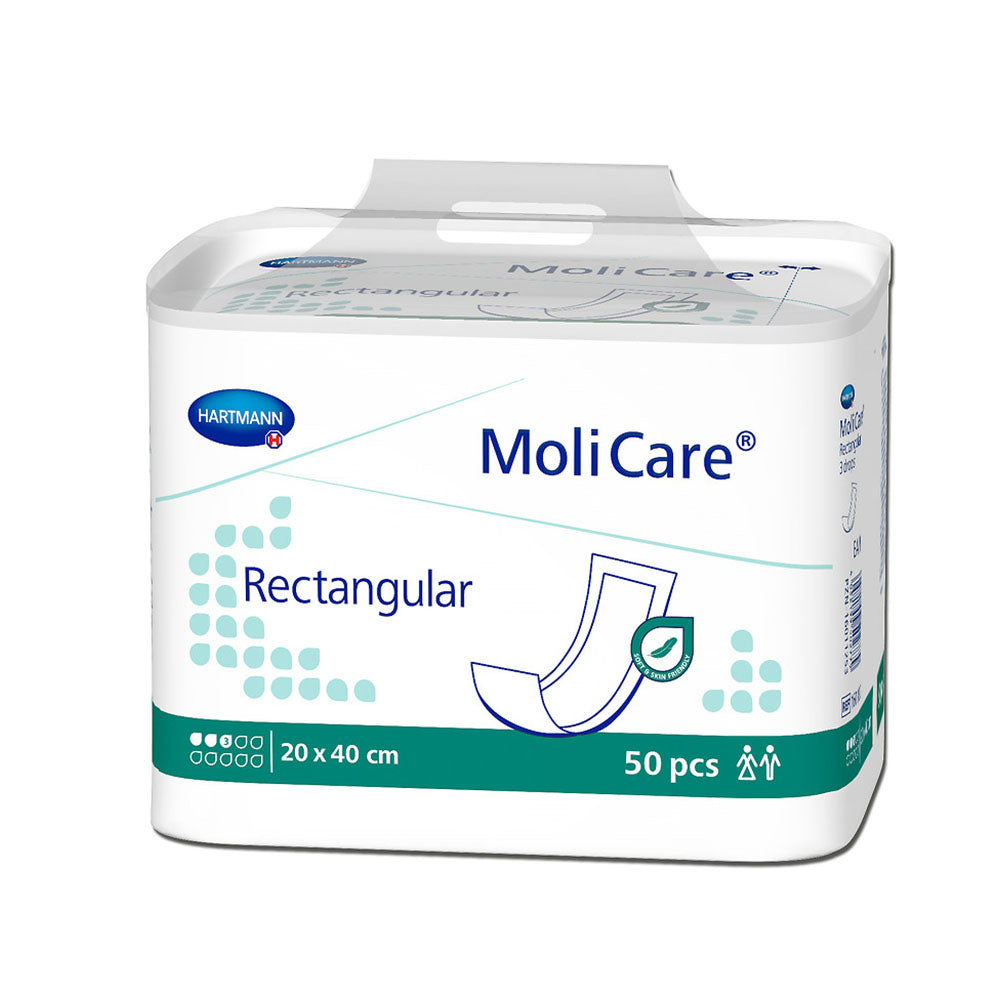 Molicare rechteckige Inkontinenzeinlage mit 3 Tropfen, die Maße betragen 20 x 40 cm. Die Einlage ist in einer hellen, unauffälligen Farbe gehalten, die für einen diskreten Einsatz sorgt. Die Oberfläche ist weich und angenehm auf der Haut, während die Saugschicht für hohe Flüssigkeitsaufnahme sorgt. Auf der Oberfläche sind feine Linien zu sehen, die eine bessere Flüssigkeitsverteilung ermöglichen.