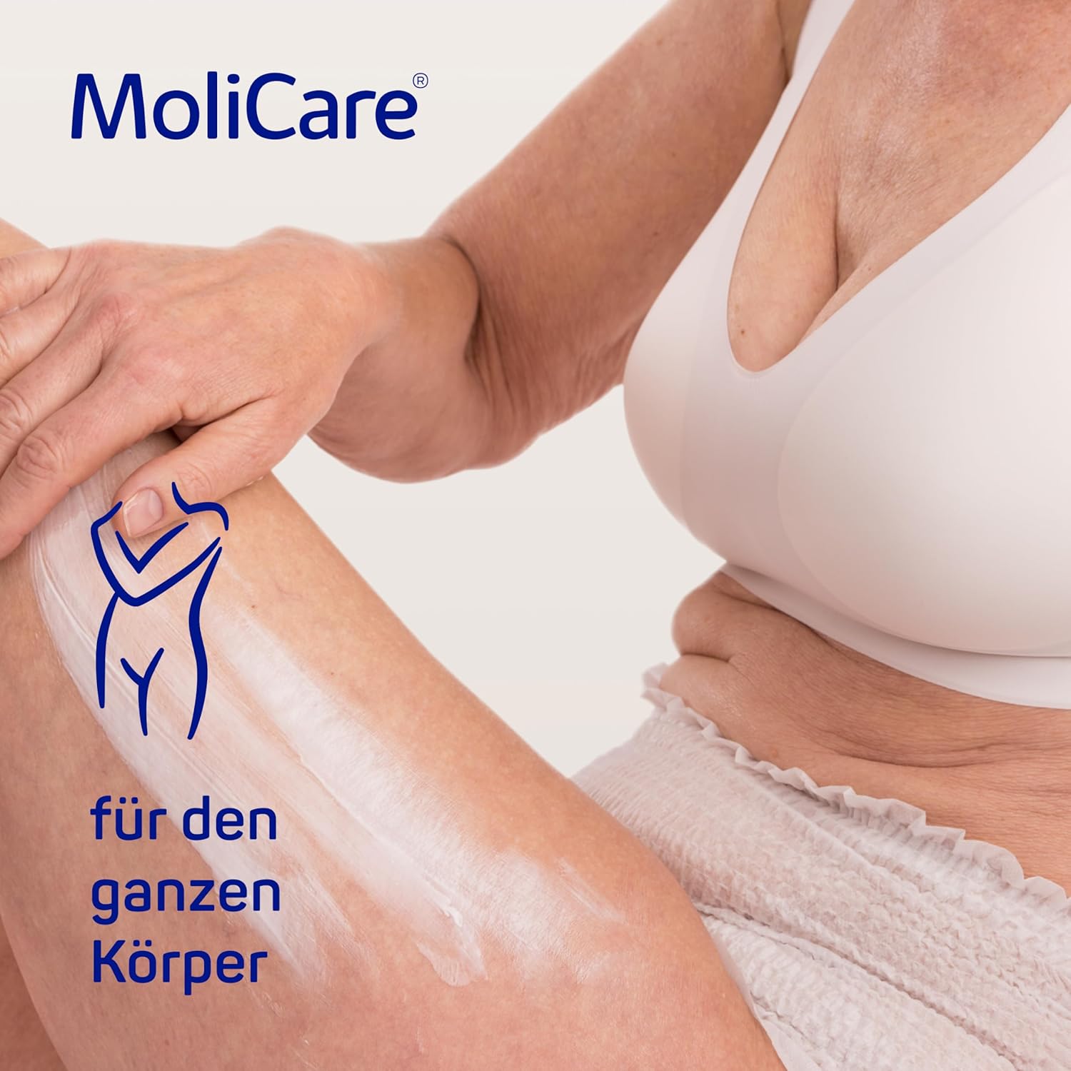 Anwendung der MoliCare Skin Körperlotion am Oberschenkel, für den ganzen Körper