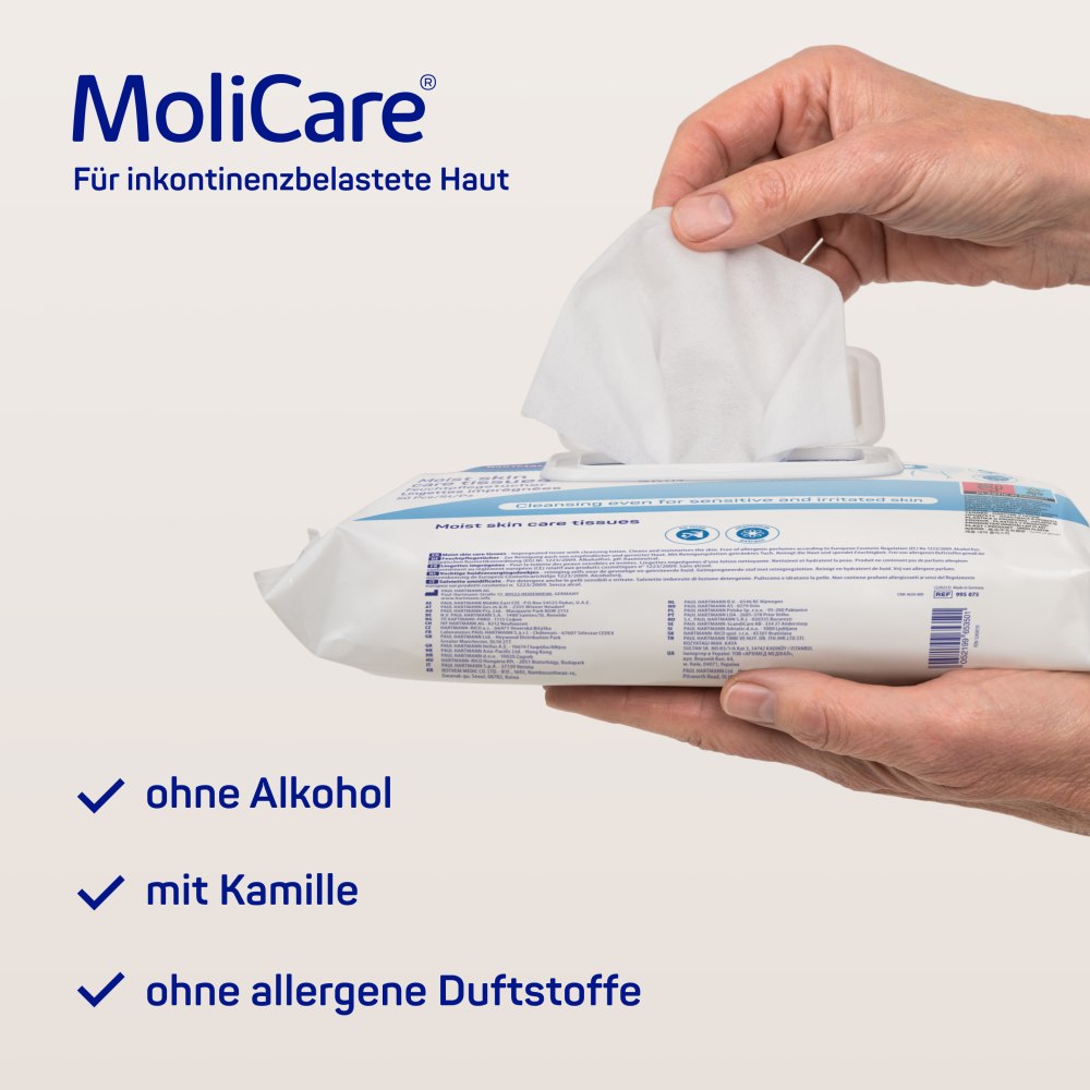 Auf dem Bild sind die MoliCare Skin Feuchtpflegetücher zu sehen, die in einer transparenten Verpackung präsentiert werden. Die Tücher sind zur Hautpflege gedacht und eignen sich insbesondere für empfindliche Haut. Die Verpackung zeigt ein ansprechendes Design in sanften Farbtönen, mit einer sichtbaren Öffnung, die die Nutzung erleichtert. Im Hintergrund sind keine weiteren Elemente sichtbar, was den Fokus auf die Produktverpackung und deren Inhalt lenkt.