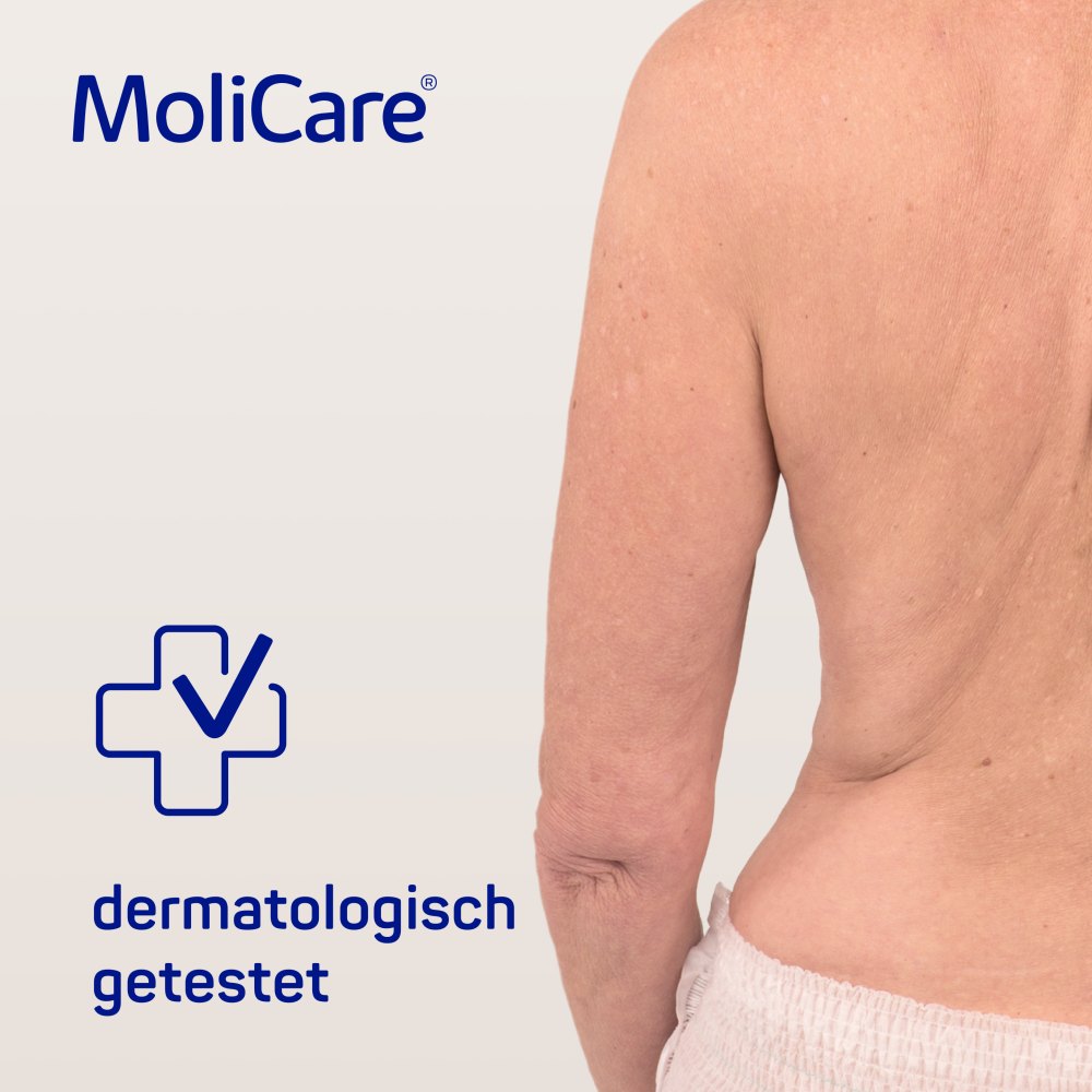 Molicare Skin Feuchtpflegetücher in einer packungsdesign präsentieren. Die Verpackung ist überwiegend in Blau und Weiß gehalten und zeigt auf der Vorderseite eine Abbildung der Tücher. Darunter steht in klaren, gut lesbaren Buchstaben "Molicare Skin". Auf der Verpackung sind verschiedene Symbole abgebildet, die auf die sanfte Pflege und die Anwendung der Tücher hinweisen. Der Hintergrund der Bildbeschreibung ist neutral, was den Fokus auf die Produktverpackung legt.
