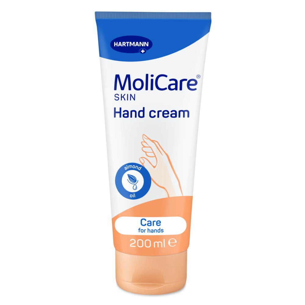 Eine weiße Tube der MoliCare Skin Handcreme steht auf einem hellen Hintergrund. Die Tube hat eine klare, einfache Gestaltung mit dem Produktnamen "MoliCare Skin Handcreme" in blauer Schrift auf der Vorderseite. Darunter sind Informationen zur Anwendung und den Inhaltsstoffen abgebildet. Der Deckel ist dunkelblau und leicht abgerundet. Die Textur der Creme wird durch die Abbildung angedeutet, die eine pflegende und sanfte Konsistenz suggeriert.