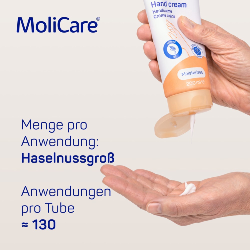 Handcreme von MoliCare in einer weißen 75 ml Tube mit einem blauen Deckel. Auf der Vorderseite der Tube sind die Produktbezeichnung sowie eine Abbildung von zwei Händen zu sehen, die die Geschmeidigkeit der Creme symbolisieren. Der Hintergrund ist hellblau, was Frische und Reinheit vermittelt. Unten auf der Tube sind Hinweise zur Anwendung und Inhaltsstoffen in kleinerer Schrift. Die gesamte Verpackung ist auf Praktikabilität und dermatologische Verträglichkeit ausgelegt, ideal für pflegebedürftige Haut.