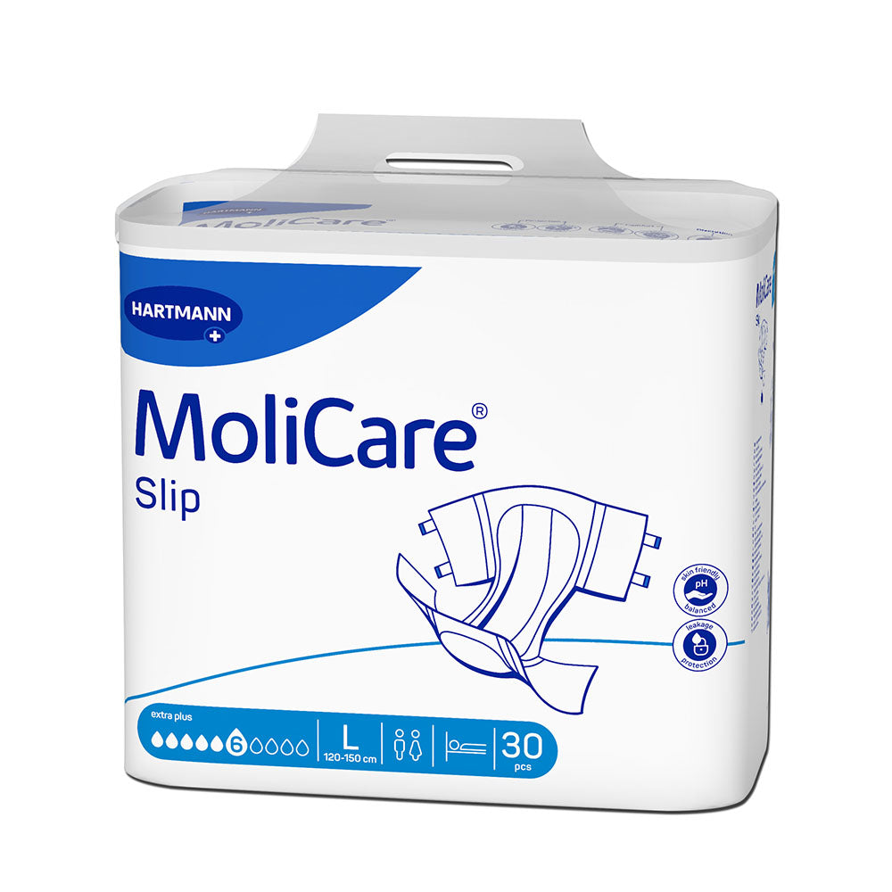Molicare Slip Inkontinenzslip für Erwachsene in der Größe L mit sechs Tropfen Absorption. Das Produkt ist in einer klaren Sichtpackung dargestellt, die die Slip-Form mit elastischen Bündchen anzeigt. Die Vorderseite ist durch ein einfaches und modernes Design in Weiß und Blau geprägt. Der Slip ist für optimalen Komfort und Sicherheit konzipiert. Im Hintergrund ist ein neutraler Farbton, der die Aufmerksamkeit auf das Produkt lenkt.