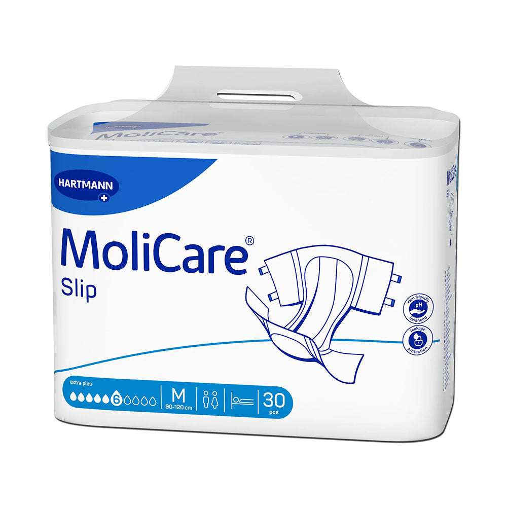 Molicare Slip 6 Tropfen Extra Plus Größe M Inkontinenzslip in Originalverpackung. Die Packung ist hauptsächlich in Blau und Weiß gehalten und zeigt das Produkt deutlich. Auf der Vorderseite sind das Markenlogo und die Produktbezeichnung gut sichtbar. Im Hintergrund sind verschiedene Icons abgebildet, die auf die besonderen Eigenschaften hinweisen, wie hohe Saugkraft und Hautschutz. Der Slip selbst ist nicht sichtbar, da die Packung geschlossen ist.