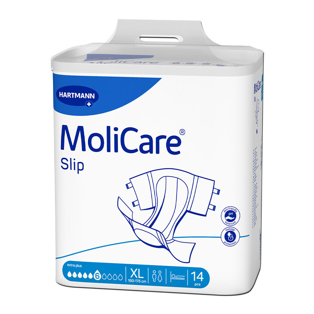 Produktbild eines MoliCare Slip 6 Tropfen Extra Plus in Größe XL, einem Inkontinenzslip. Der Slip ist auf einem weißen, neutralen Hintergrund platziert, was seine Details betont. Die Verpackung zeigt eine deutlich erkennbare Grafik mit dem Produktnamen und den Eigenschaften wie "6 Tropfen", die für hohe Saugfähigkeit stehen. Die Farben sind zurückhaltend in Blau und Weiß gehalten, was dem medizinischen Produkt ein seriöses Aussehen verleiht.
