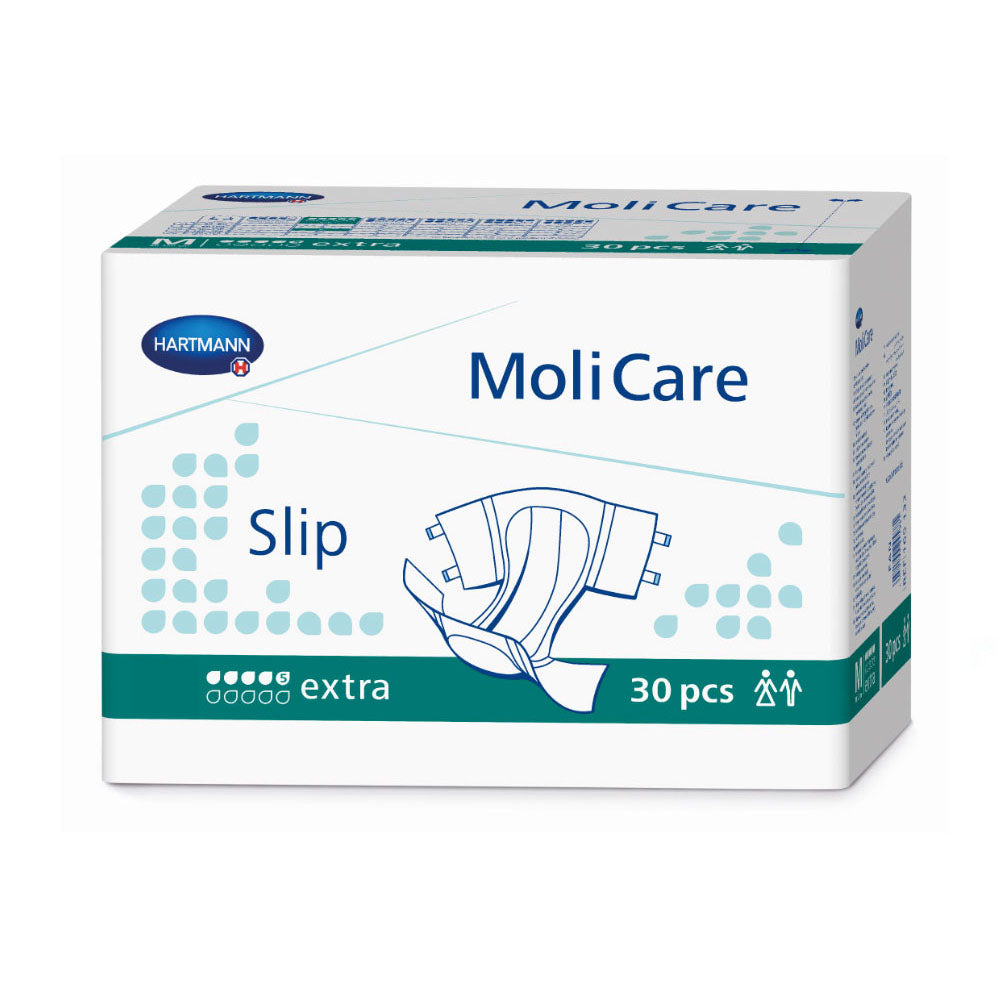 Produktbild eines MoliCare Slip Extra Inkontinenzslips in Größe XS, ausgestattet mit der Kennzeichnung „5 Tropfen“ für hohe Saugstärke. Der Slip ist attraktiv verpackt und zeigt eine weiße, textile Oberfläche mit einer Mikrostruktur, die für zusätzliche Hautfreundlichkeit sorgt. Auf der Verpackung sind Abbildungen von Tragekomfort und Bewegungsfreiheit abgebildet.