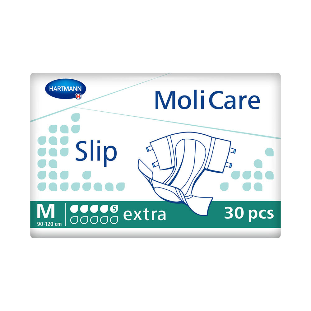 Weißer, weicher Adult-Windel-Paket von Molicare Slip. Das abgebildete Produkt zeigt eine Packung mit dem etiketiertem Namen "Molicare Slip Extra", die für mittlere Größen geeignet ist. Zwei volle Tropfen Symbole auf der Vorderseite kennzeichnen die Saugstärke von 5 Tropfen, was auf hohe Absorption hinweist. Die Packung bietet eine klare Produktbeschreibung und ein ansprechendes Design. Im Hintergrund ist ein neutraler, heller Untergrund zu sehen, um die wichtigsten Produktmerkmale hervorzuheben.