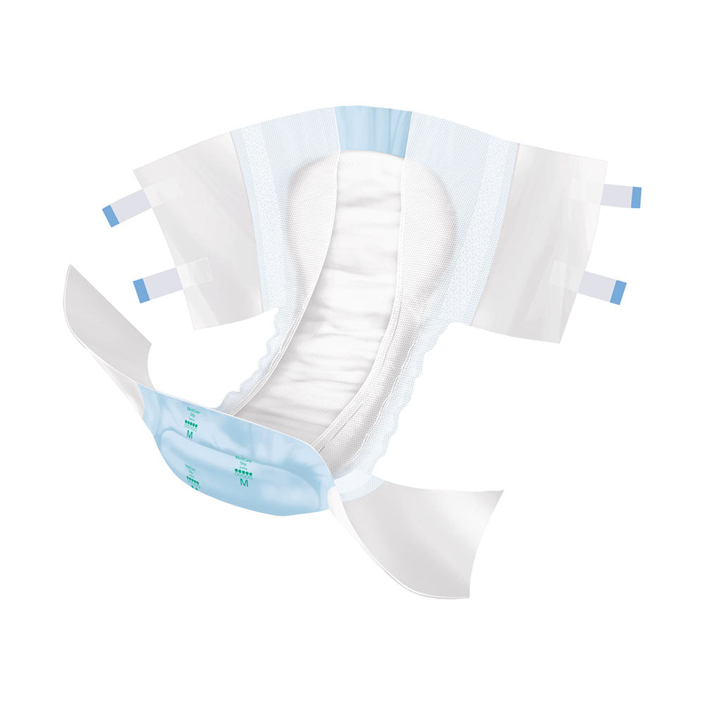 Das Bild zeigt eine Packung MoliCare Slip Extra 5 Tropfen, Größe Medium. Die Verpackung ist in einem hellen Blau gehalten und enthält die Abbildung eines stilisierten, lächelnden Gesichts, das für Komfort und Zufriedenheit steht. Auf der Vorderseite sind wichtige Produktmerkmale in Weiß und Gelb hervorgehoben, darunter die Tropfenanzeige, die auf eine hohe Saugfähigkeit hinweist. Die Packung hat ein modernes Design und ist für den täglichen Gebrauch geeignet, um Sicherheit und Schutz zu gewährleisten.