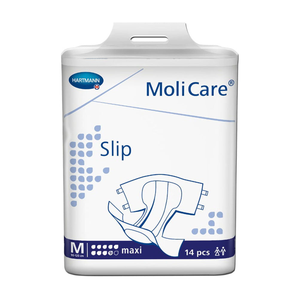 MoliCare Slip Maxi 9 Tropfen in Größe M – eine Verpackung mit Inkontinenzslips. Im Vordergrund ist die Packung gut sichtbar, die in einem klaren, modernen Design gestaltet ist. Die Hauptfarbe der Verpackung ist blau mit weißen und grünen Elementen. Auf der Vorderseite sind das Produktlogo und die spezifischen Informationen über den Schutzlevel in Form von 9 Tropfen abgebildet. Die Produktelemente vermitteln eine hohe Qualität und den funktionalen Zweck des Slips.
