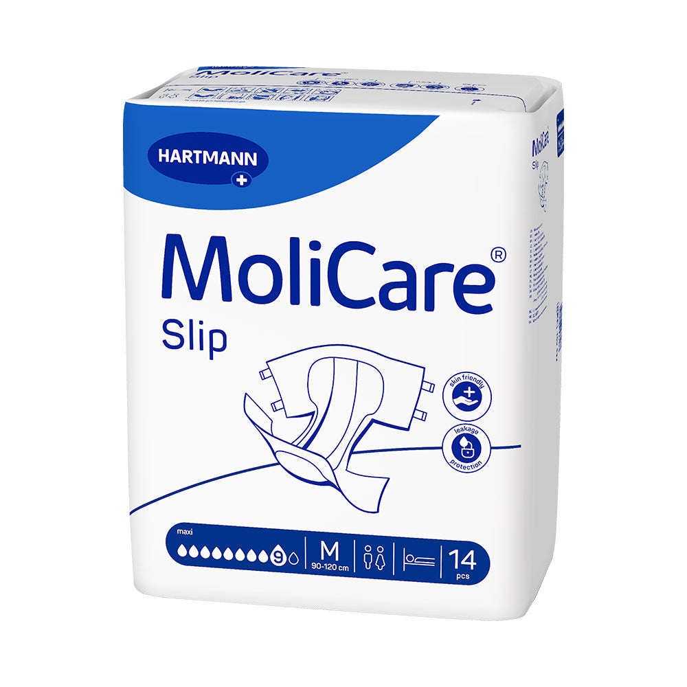 Frontalansicht einer Packung MoliCare Slip Maxi 9 Tropfen Medium Inkontinenzslips.