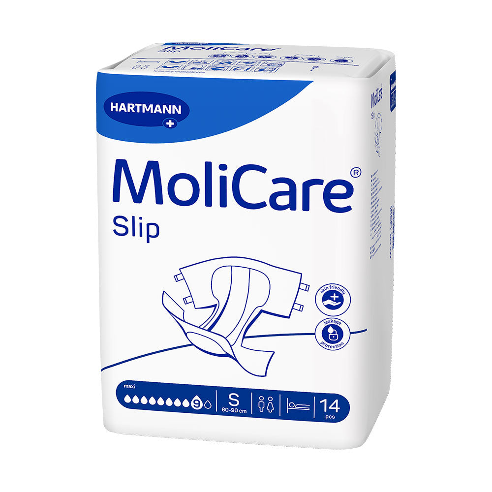 Frontalansicht einer Packung Molicare Slip Maxi 9 Tropfen Small Inkontinenzslips.