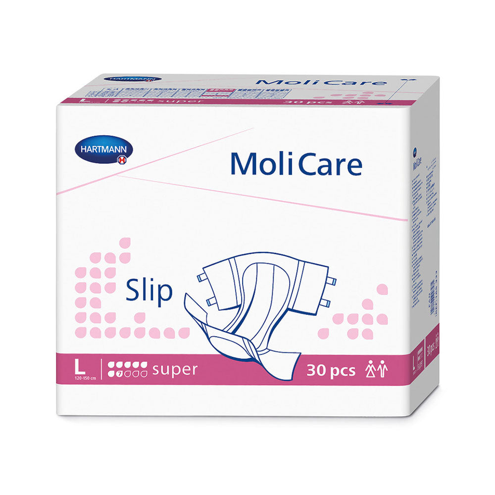 Molicare Slip Super, Größe Large (120-150 cm Hüftumfang), verpackt in einer blauen und weißen Umverpackung. Auf der Vorderseite sind sieben Tropfen abgebildet, die für die hohe Saugfähigkeit stehen. Die Verpackung zeigt auch das Molicare-Logo und Informationen zur Produktanwendung. Im Hintergrund sind stilisierte grafische Elemente zu sehen, die einen modernen und hygienischen Eindruck vermitteln.