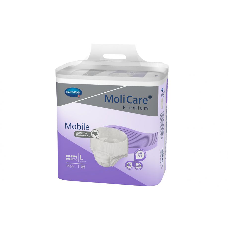 Produktbild eines MoliCare Premium Mobile 8-Tropfen Inkontinenzprodukts in der Größe L. Die Packung ist hellblau mit einem Bild des Produkts im Vordergrund. Auf der Vorderseite sind Symbole abgebildet, die auf die Saugfähigkeit und den Schutz hinweisen. Der Name "MoliCare Premium Mobile" ist gut lesbar platziert. In einer Ecke befinden sich wichtige Produktinformationen und eine Kennzeichnung zur Größe L. Der Hintergrund des Bildes ist neutral, um die Farben der Verpackung hervorzuheben.