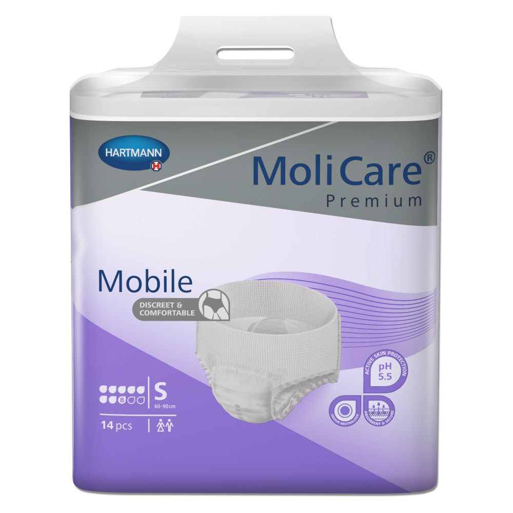 Das Bild zeigt eine Packung MoliCare Premium Mobile 8-Tropfen in Größe S. Die Verpackung ist hauptsächlich in Blau mit weißen und grünen Akzenten gestaltet und enthält eine klare Abbildung des Produkts mit der Bezeichnung "MoliCare Premium Mobile" sowie den Hinweis auf die 8 Tropfen Saugstärke. Auf der Vorderseite sind relevante Produktinformationen und Merkmale wie die Anpassungsfähigkeit und Diskretion aufgedruckt.