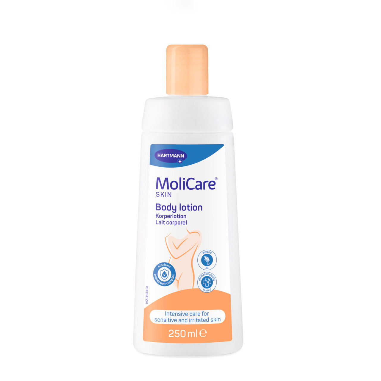 Weiße Flasche mit MoliCare Skin Care Körperlotion, 500 ml, zeigt ein einfaches, minimalistisches Design. Die Flasche hat einen pumpfähigen Spender, der eine hygienische Entnahme ermöglicht. Auf der Vorderseite ist der Produktname „MoliCare Skin Care Körperlotion“ in blauen Buchstaben abgebildet. Darunter sind Informationen zur Anwendung und Pflege der Haut in kleineren Schriftzügen zu sehen.