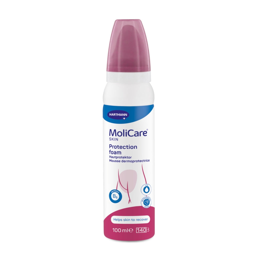 Das Bild zeigt eine Verpackung des MoliCare Skin Protect Hautprotectors in Form eines weißen Fläschchens mit einem praktischen Pumpmechanismus. Der Hautprotektor ist speziell für empfindliche Haut entwickelt und bietet Schutz vor Reizungen. Die Vorderseite der Verpackung trägt den Produktnamen "MoliCare Skin Protect" sowie zusätzliche Informationen zur Anwendung. Die Farben sind hauptsächlich weiß, mit blau und grünen Akzenten.