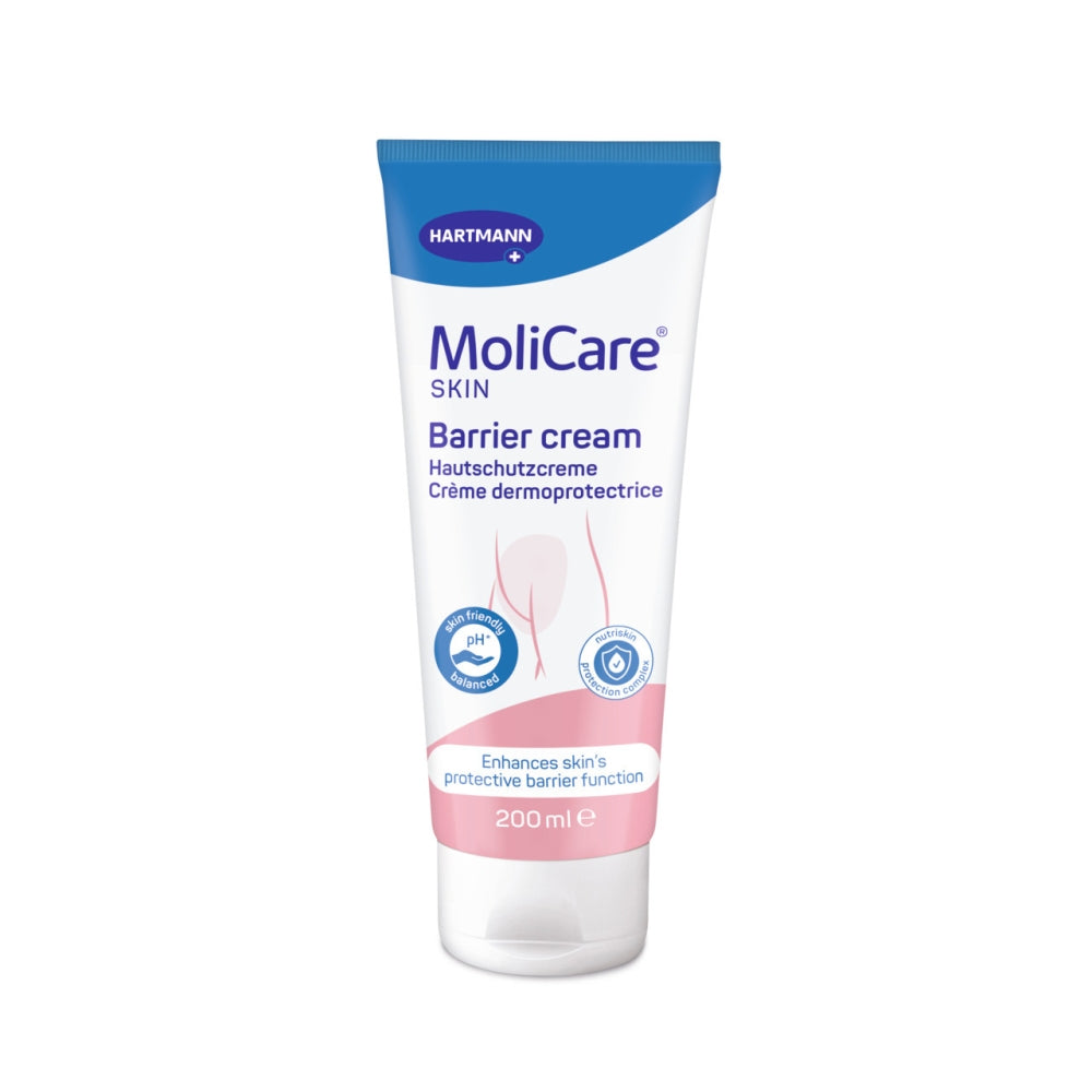 Bild der MoliCare Hautschutzcreme. Die Tube hat eine weiße, schlanke Form mit einem blauen Deckel. Auf dem Etikett sind der Markenname "MoliCare" sowie der Produktname "Hautschutzcreme" in klaren, lesbaren Schriftarten abgebildet. Darunter befinden sich weitere Informationen zu Inhaltsstoffen und Anwendungshinweisen, die in kleinen schwarzer Schrift dargestellt sind. Der Hintergrund ist weiß, was die Produktdetails hervorhebt.