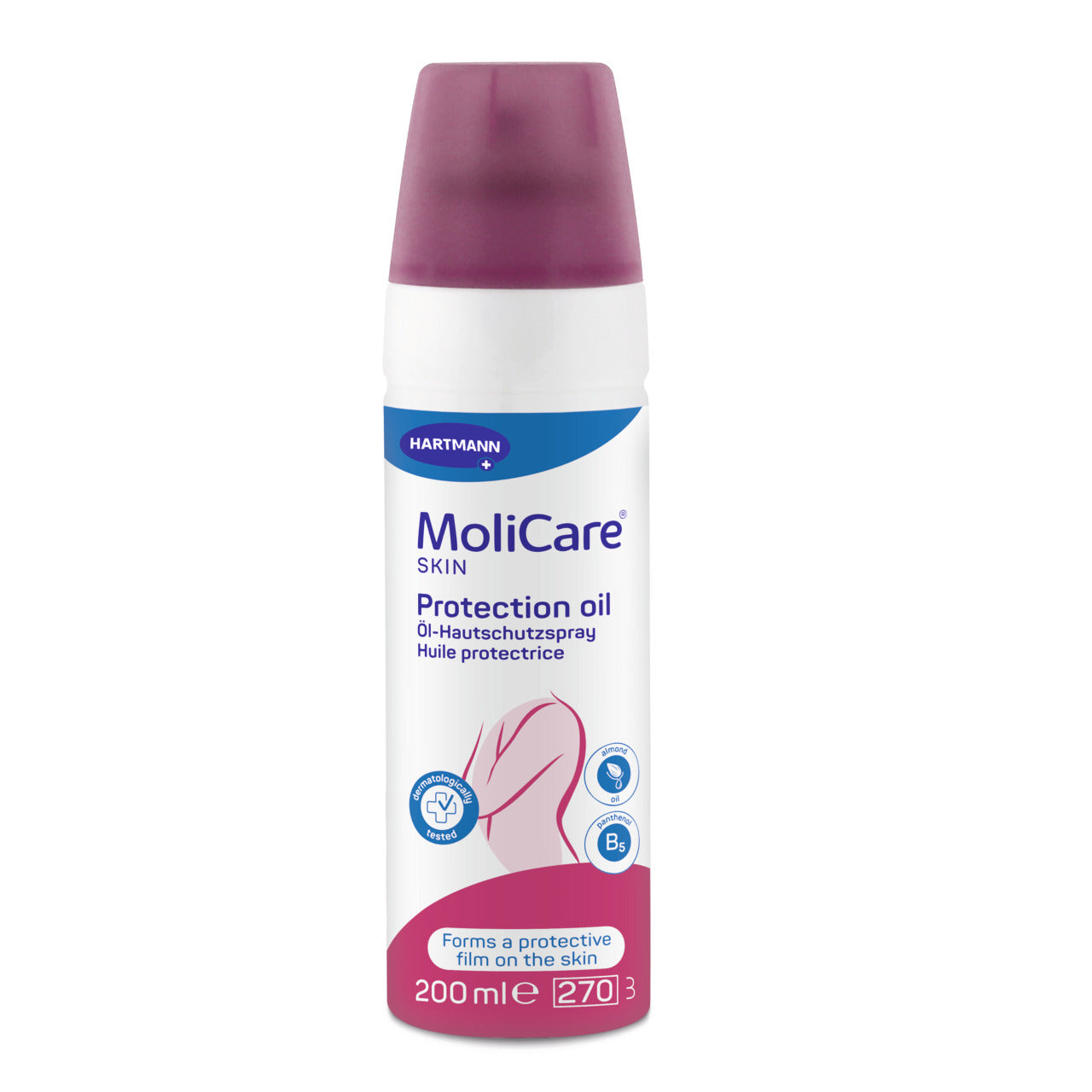 Das Bild zeigt eine Flasche MoliCare Hautschutzspray in einem klaren, transparenten Design. Die Flasche hat eine praktische Sprühöffnung und einen hellen, aufgedruckten Etikett mit Informationen über das Produkt. Der Hintergrund ist neutral, was den Fokus auf die Flasche lenkt. Das Spray ist für den Schutz der Haut konzipiert und bietet eine Pflegeoption für empfindliche Haut. Die Farben der Verpackung sind sanft und ansprechend, was eine positive Wahrnehmung des Produkts vermittelt.
