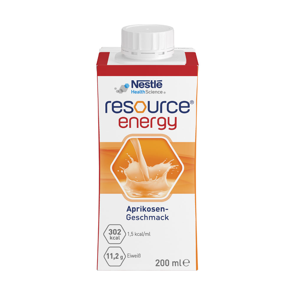 Frontalansicht einer einzelnen Flasche Nestle Resource Energy Aprikose.