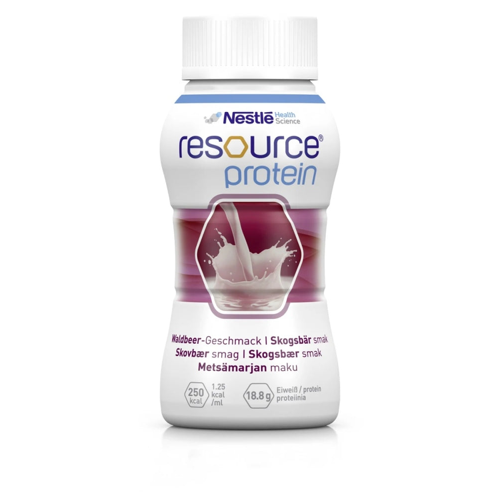 Sechs Flaschen Nestlé Resource Protein Drink stehen auf einem weißen Hintergrund. Jede Flasche hat ein schlankes, transparentes Design mit einem gelben Deckel. Die Flaschen sind mit einer simplen, stilisierten Grafik versehen, die die Geschmacksrichtung zeigt. Die Bezeichnung "Protein Drink" ist gut lesbar auf dem Etikett platziert. Der Inhalt der Flaschen ist braun, was auf eine schokoladige Geschmacksrichtung hindeutet.