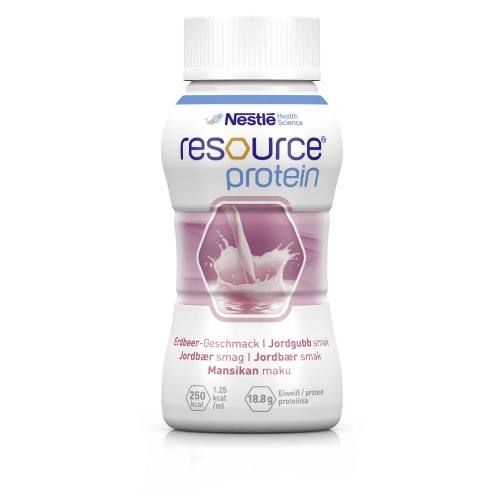 Sechs Packungen Nestlé Resource Protein Drink in einer transparenten Verpackung, perfekt gestapelt. Jede Flasche hat ein Volumen von 200 ml und ist in einem schlanken, modernen Design gehalten. Die Farben der Flasche sind hauptsächlich in Weiß, Blau und Orange gehalten. Auf der Vorderseite ist das Nestlé-Logo sowie die Bezeichnung "Resource Protein Drink" deutlich sichtbar. Die Flasche hebt die proteinreiche Formel hervor, ideal für ernährungsbewusste Kunden.