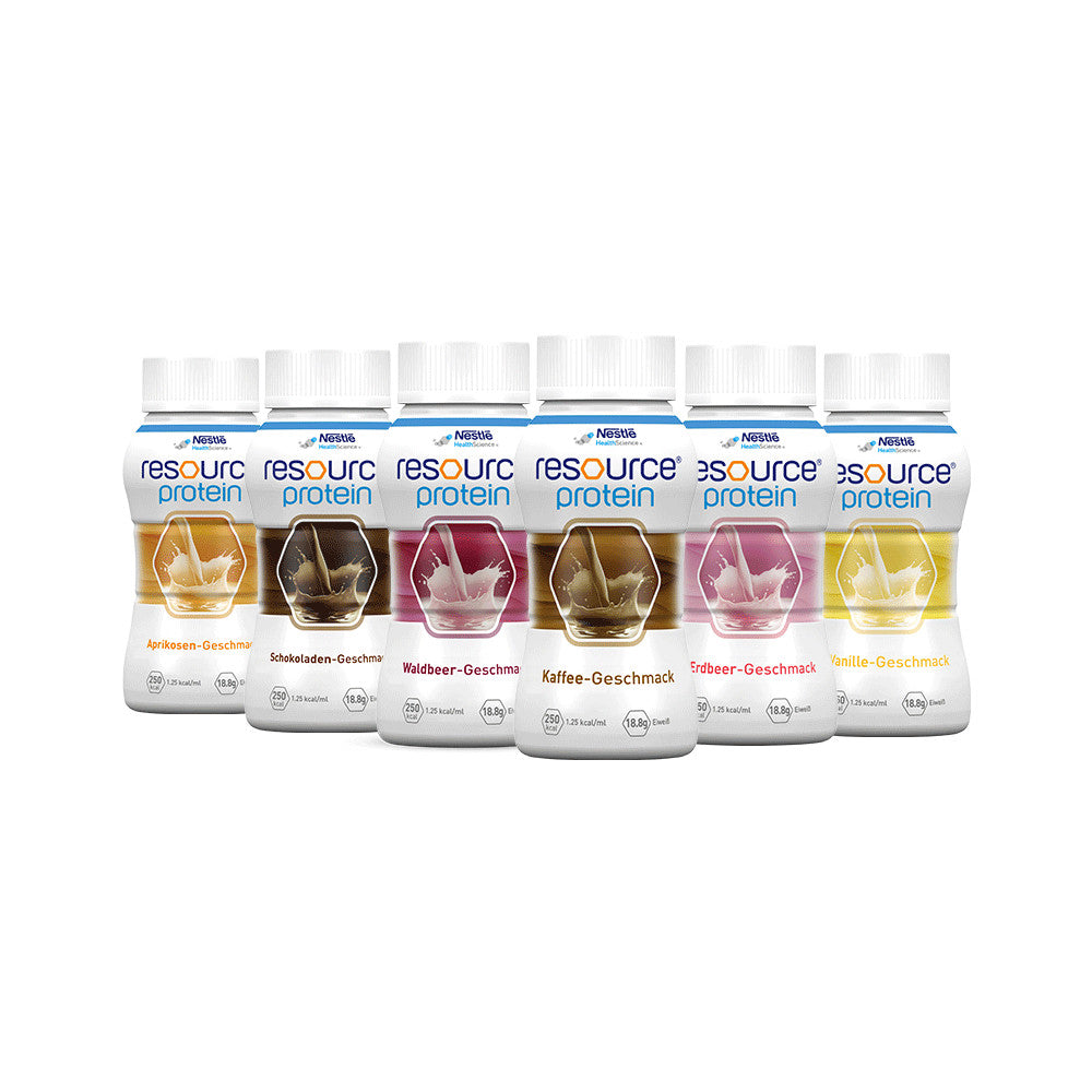Produktbild von Nestlé Resource Protein Drink: Auf einer weißen Hintergrunderkennung fünf Packungen mit jeweils vier 200 ml Flaschen, verpackt in einer transparenten Folie. Jede Flasche hat ein schlichtes, aber ansprechendes Design in Pastellfarben, mit der Aufschrift "Protein Drink" und dem Nestlé-Logo. Das Bild zeigt die Flaschen in aufrechter Position, wobei die Vorderseite der Verpackungen gut sichtbar ist.