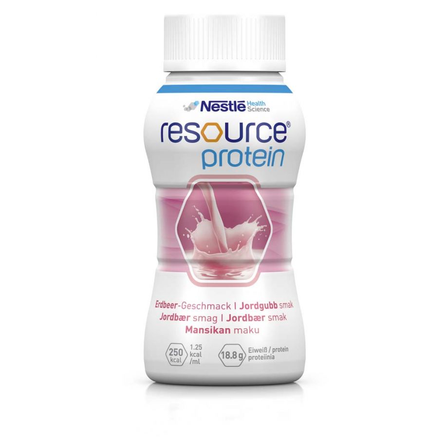 Bild des Nestlé Resource Protein Drinks in einem gemischten Karton, der sechs Packungen à 200 ml enthält. Die Packungen sind in verschiedenen Geschmacksrichtungen abgebildet, darunter Schokolade, Vanille und Erdbeere. Der Karton hat ein ansprechendes Design mit den prominenten Markennamen und den Nährwertinformationen auf der Vorderseite. Im Hintergrund ist ein einfacher, heller Stil zu sehen, der die Farben der Getränke hervorhebt.
