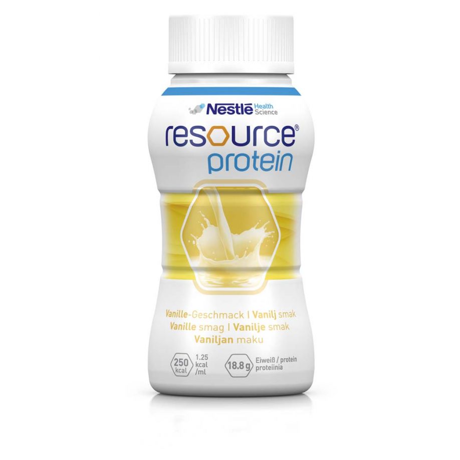 Alt-Text: Bild von sechs Packungen Nestlé Resource Protein Drink in der Geschmacksrichtung Vanille, jeweils 200 ml. Die Verpackungen sind in einem kompakten Format angeordnet und präsentieren ein helles, ansprechendes Design mit einer dominierenden cremefarbenen Farbe. Auf jeder Packung sind der Produktname, die Marke und der Hinweis auf hohen Proteinanteil deutlich sichtbar. Der Hintergrund ist neutral, wodurch der Fokus auf den Produkten liegt.