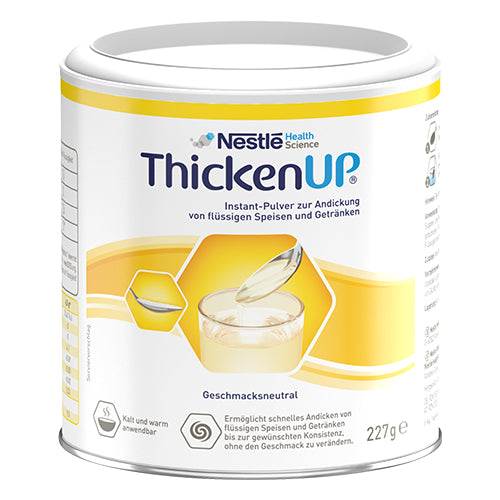 Nestlé ThickenUp Andickungspulver in einer 300 g Packung, auf einem weißen Hintergrund. Die Verpackung zeigt eine hellblaue Farbe mit leichten Farbverläufen und einem großen, gut lesbaren Label. Das Logo von Nestlé ist oben links platziert, während der Produktname "ThickenUp" prominent in der Mitte steht. Unter dem Produktnamen sind Hinweise zur Verwendung mit Flüssigkeiten und pürierten Speisen abgedruckt. Am unteren Rand befinden sich Nährwertangaben und Hinweise zur Zubereitung.