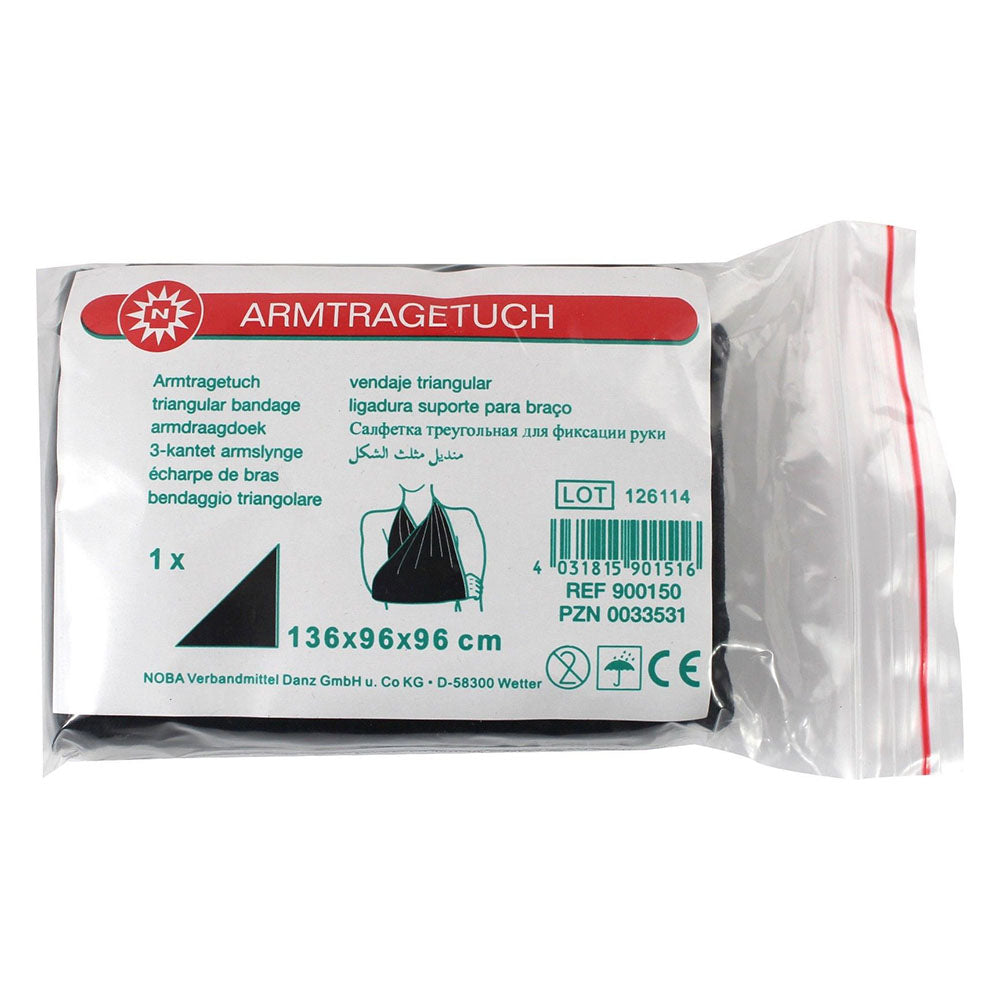 Weißes Armtragetuch, auch als Dreieckstuch bekannt, aus Vliesstoff. Das Tuch misst 136 x 96 x 96 cm und hat eine weiche, leicht strukturierte Oberfläche. Die Form ist klassisch dreieckig, mit abgerundeten Ecken und glatten Kanten. Das Material wirkt atmungsaktiv und flexibel, ideal für verschiedene Anwendungen. Das Bild zeigt das Tuch auf einer neutralen Oberfläche, was den Fokus auf die Materialien und die Farbe lenkt. Es eignet sich perfekt für den Einsatz in der Pflege oder als modisches Accessoire.