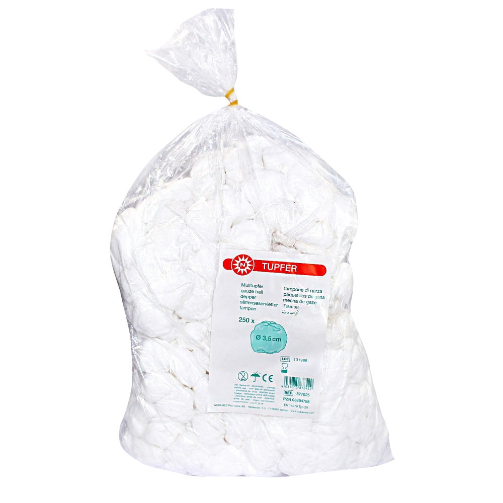 Runde medizinische Mulltupfer in einer Verpackung mit 250 Stück. Die Tupfer sind weiß, aus Baumwolle und haben eine gleichmäßige, strukturelle Oberfläche. Sie sind für hygienische Anwendungen konzipiert, ideal für die Wundversorgung oder kosmetische Behandlungen. Die Verpackung ist transparent, sodass die enthaltenen Tupfer gut sichtbar sind, und ist mit einem wieder schließbaren Verschluss versehen.