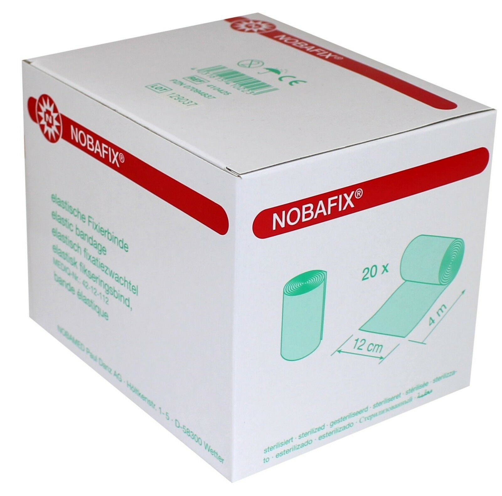 Produktbild von Noba Nobafix elastischen Fixierbinden in der Packung mit 20 Stück. Die Binden sind in einer transparenten Verpackung angeordnet, sichtbar sind die unterschiedlichen Größen der Binden, die in einem neutralen Farbton gehalten sind. Jede Binde ist in einem Rollenformat gefaltet. Im Hintergrund ist ein dezent gehaltener, heller Untergrund, der die Binden hervorhebt. Das Design der Verpackung ist schlicht und ansprechend, mit klaren Beschriftungen, die das Produkt kennzeichnen.