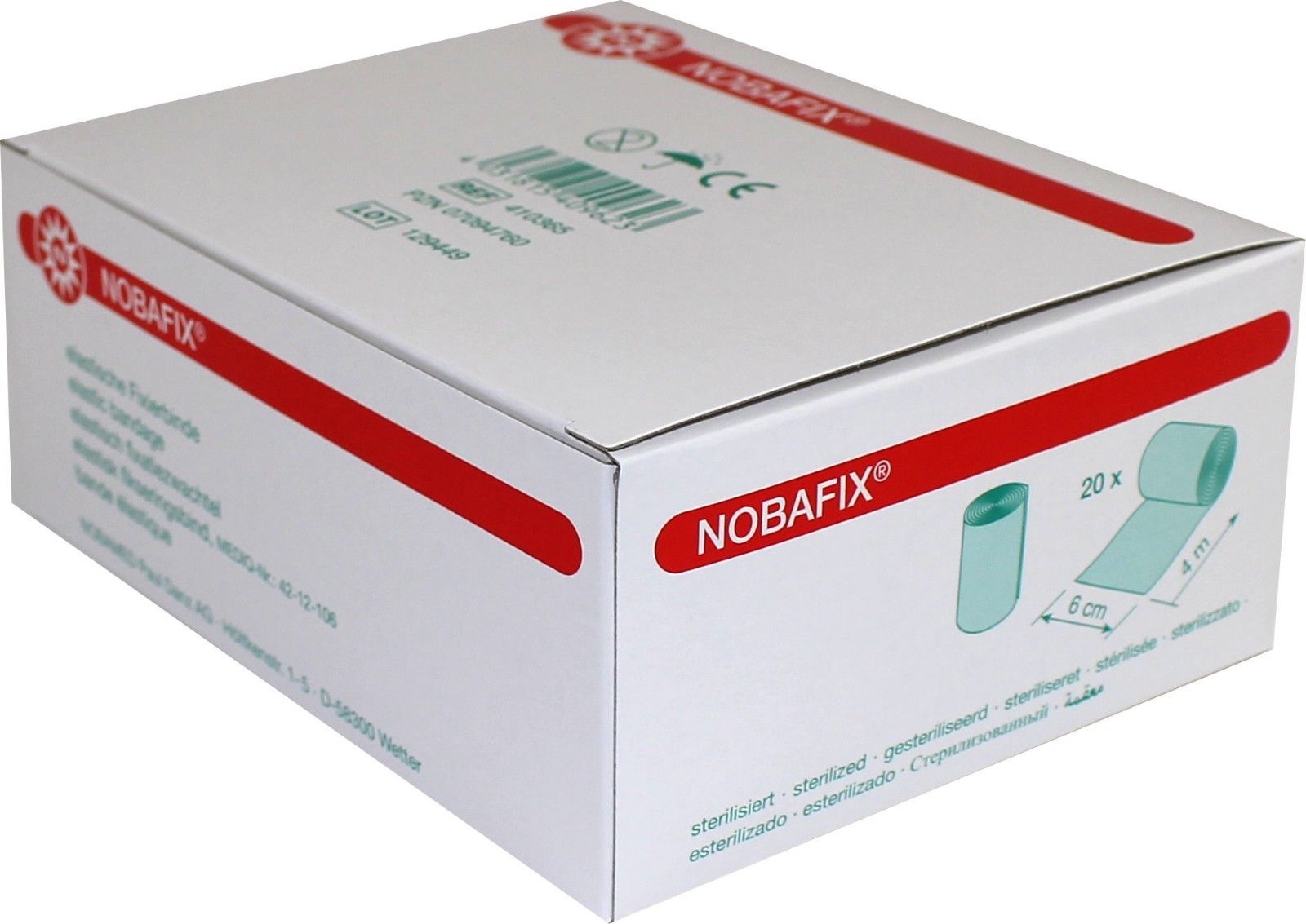 Bild zeigt ein Produktpaket mit 20 elastischen Mullbinden der Marke Noba. Die Binden sind in einem stabilen, transparenten Beutel verpackt, der auf einem weißen Hintergrund liegt. Jede Binde hat eine Größe von 10 cm x 4 m. Die Binden sind in einem antiseptischen, elastischen Material gefertigt, das eine gute Fixierung bietet. Das Design des Beutels ist schlicht, mit einer klaren Kennzeichnung der Marke und der Produktinformation.