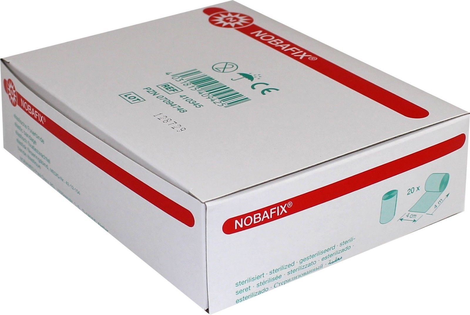 Das Bild zeigt eine Packung mit elastischen Fixierbinden der Marke Noba. Die Verpackung enthält 20 Stück Mullbinden in der Größe 6 cm x 4 m. Die Binden sind in einem klaren, transparenten Kunststoffbeutel verpackt, der die Produkte gut sichtbar macht. Eine informative Etikette zeigt den Produktnamen, die Größe und die Stückzahl. Die elastischen Binden erscheinen in einer neutralen Farbgebung, die für medizinische Anwendungen geeignet ist.