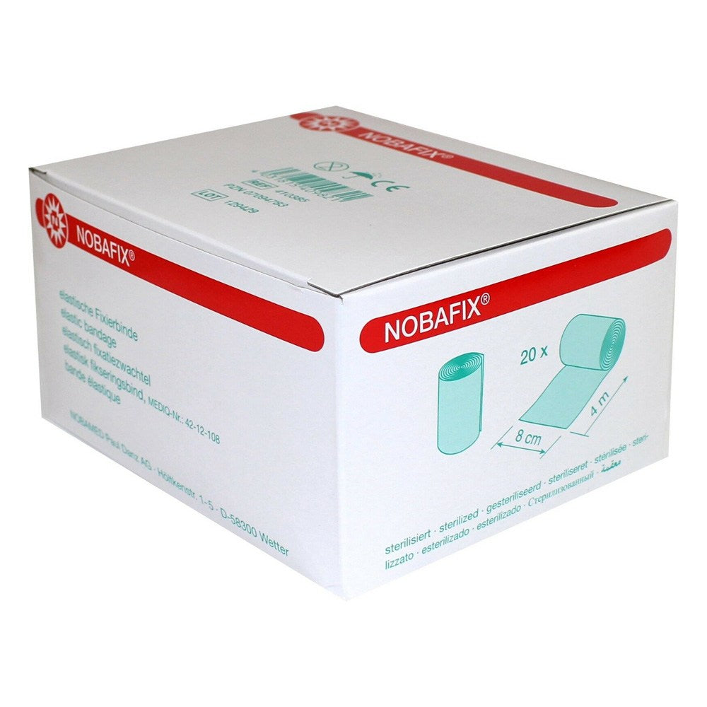 Bild zeigt eine Verpackung mit elastischen Fixierbinden der Marke Noba. Die Fixierbinden sind in einem Stapel angeordnet, wobei jede Binde in einem weißen, luftdurchlässigen Material präsentiert wird. Die Binden sind in einer Größe von 8 cm x 4 m angegeben, und das Bild zeigt insgesamt 20 Stück dieser Mullbinden. Die Binden sind ideal für medizinische Anwendungen, um Verbände zu fixieren oder zur Unterstützung von Gelenken. Der Hintergrund ist neutral gehalten, um die Produkteigenschaften hervorzuheben.