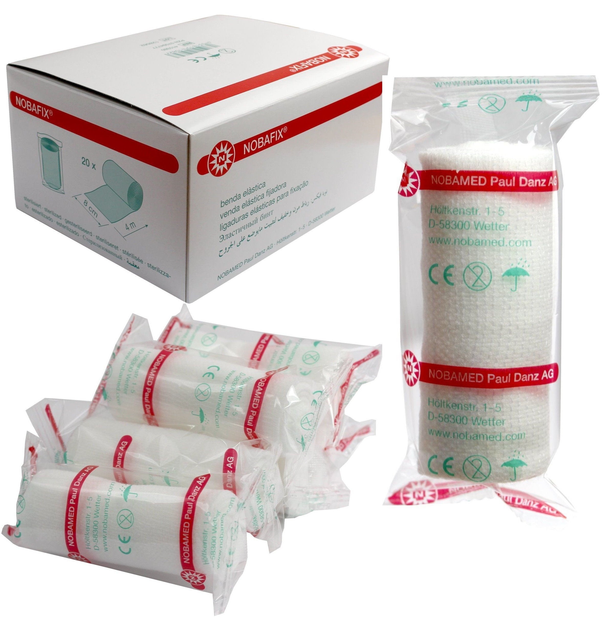 Bild zeigt eine transparente Verpackung mit Noba Nobafix Fixierbinden. Enthalten sind 60 elastische Fixierbinden in der Größe 4 cm x 4 m. Die Binden sind in mehreren Lagen ordentlich gefaltet und in Folie verpackt, um ihre Form und Qualität zu bewahren. Das Produkt ist ideal zur Fixierung von Verbänden oder zur stabilen Bedeckung von Verletzungen. Auf der Verpackung sind Informationen zu Größe und Anzahl der enthaltenen Binden deutlich abgedruckt.