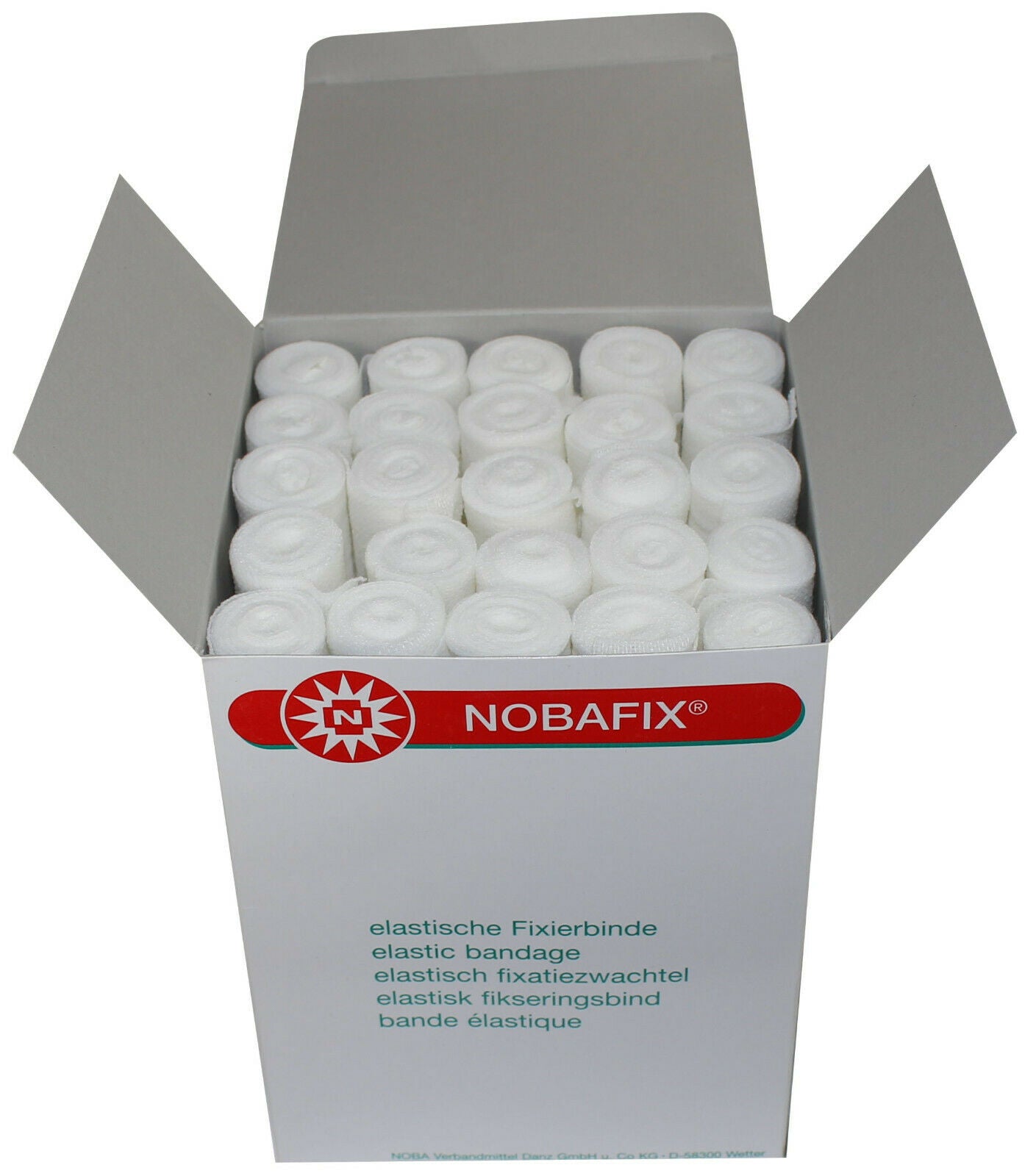 Produktbild der Noba Nobafix Hospital Fixierbinden: Eine Packung mit 600 elastischen Fixierbinden. Die Binden sind in einem weißen, schlichten Design gehalten und mit einer klaren, lesbaren Beschriftung versehen. Auf der Vorderseite der Verpackung sind die Produktdetails wie Größe (10 cm x 4 m) und Anzahl (600 Stück) abgedruckt. Im Hintergrund ist eine medizinisch anmutende Umgebung sichtbar, die die Verwendung der Binden im Krankenhaus oder klinischen Setting suggeriert.