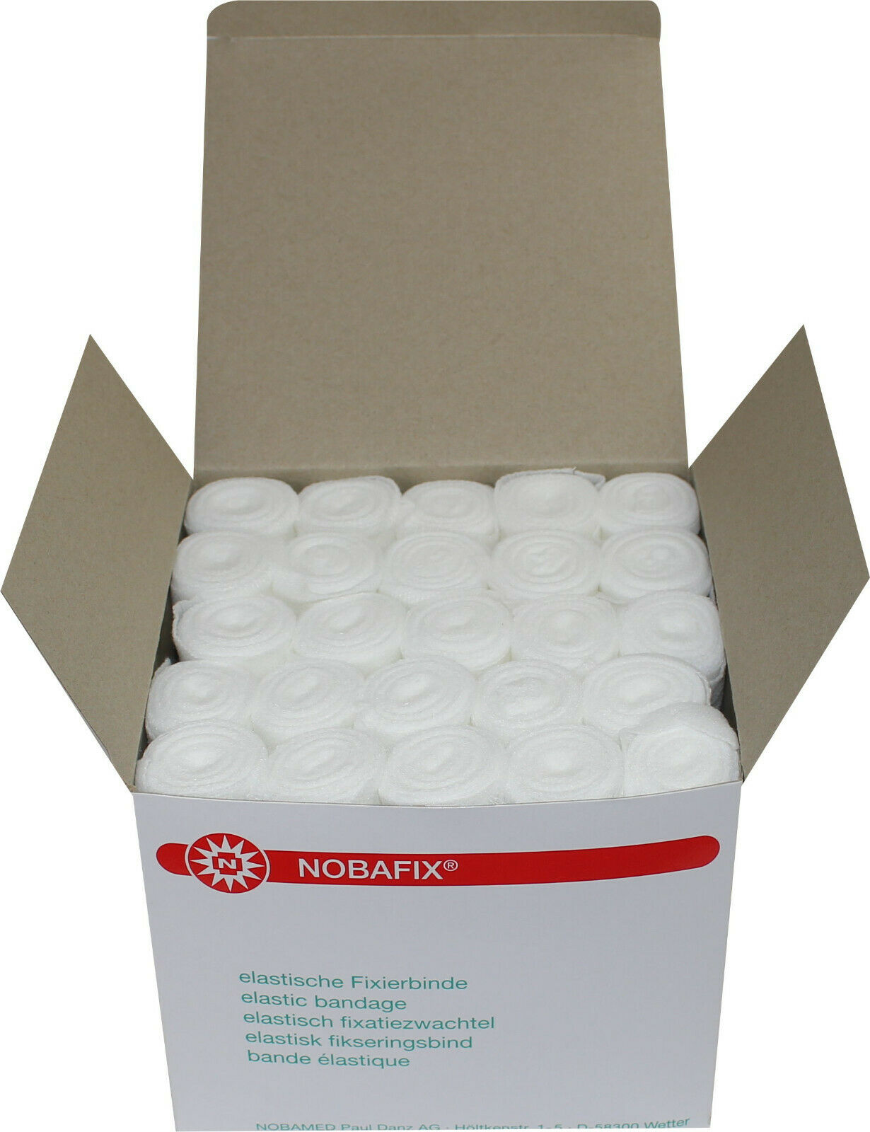 Bildbeschreibung: Das Produkt zeigt eine Verpackung von Noba Nobafix Fixierbinden, elastisch, mit 600 Stück im Format 6 cm x 4 m. Die Binden sind hygienisch verpackt und dienen zur Fixierung von Verbandmaterial. Auf der Vorderseite der Verpackung sind die Produktbezeichnung, das enthaltene Zubehör und die Maße klar ersichtlich, alles in einem professionellen Design gehalten. Der Hintergrund ist weiß, was die Farben und den Text hervorhebt und einen sauberen Eindruck vermittelt.