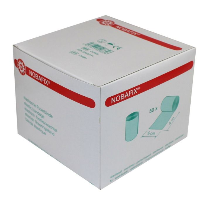 Bildbeschreibung: Eine Packung mit 50 elastischen Fixierbinden von Noba für den hospitalären Einsatz. Die Binden sind in einer transparenten Verpackung angeordnet, die eine klare Sicht auf die einzelnen Artikel ermöglicht. Auf der Vorderseite der Verpackung befindet sich der Markenname "Noba" sowie die Bezeichnung "Nobafix" in gut lesbarer Schrift. Das Design ist funktional und professionell, ideal für medizinische Anwendungen.