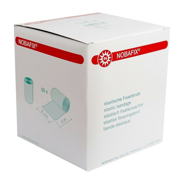 Bild von Noba Nobafix elastischen Fixierbinden, verpackt in einer transparenten Schachtel mit 50 Stück. Die Binden sind in verschiedenen Größen sichtbar und bieten eine hochwertige, flexible Lösung zur Fixierung von Verbänden. Die Schachtel hat eine farbenfrohe und ansprechende Gestaltung, die das Produkt hervorhebt. Auf der Verpackung sind wichtige Informationen und eine Übersicht der verfügbaren Größen abzulesen. Ideal für den Einsatz im Krankenhaus oder zu Hause zur Unterstützung der Wundversorgung.