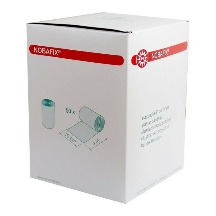 Bild zeigt ein Paket mit 50 elastischen Fixierbinden von Noba Nobafix. Die Binden sind in einer transparenten Verpackung gefüllt und gut sichtbar. Jede Rolle wirkt in neutralen Farben, wobei die Binden aus einem leicht dehnbaren Material bestehen. Auf der Verpackung sind die Produktinformationen in klarer Schrift aufgedruckt, einschließlich Logo und Anwendungshinweisen. Der Hintergrund ist einfarbig und hält den Fokus auf dem Produkt.