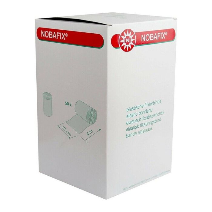 Produktbild der Noba Nobafix elastischen Fixierbinden. Die Verpackung zeigt eine transparente Box mit 50 Stück elastischen Fixierbinden in verschiedenen Größen, die ordentlich angeordnet sind. Jede Binde ist in einem individuellen Schutzbeutel verpackt, der die sterilen Eigenschaften bewahrt. Die Binden sind in einem neutralen Farbton gehalten, um vielseitige Anwendungen im medizinischen Bereich zu ermöglichen. Die Abbildung hat einen weißen Hintergrund, was die Produktmerkmale deutlich hervorhebt.