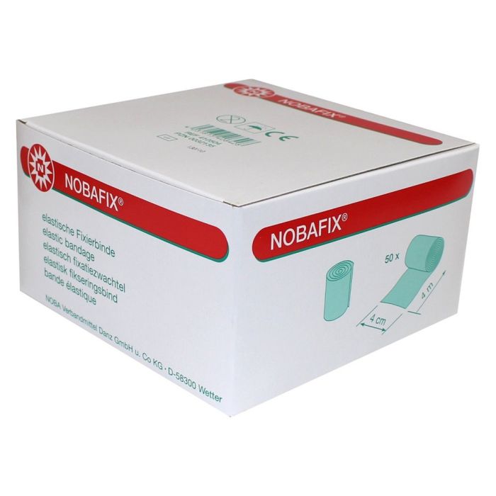 Produktbild einer Packung elastischer Fixierbinden von Noba. Die Verpackung enthält 50 Stück der Binden in der Größe 10 cm x 4 m. Im Vordergrund sind die gut sichtbaren Binden, die in einer klaren, hygienischen Folie verpackt sind. Die Binden sind weiß und in der Packung ordentlich gestapelt. Der Hintergrund ist hell und neutral gehalten, um das Produkt hervorzuheben.