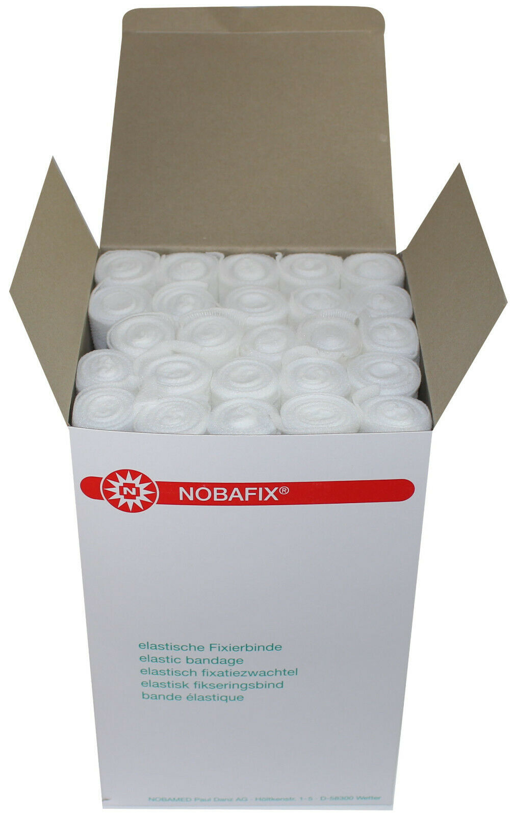 Produktbild einer Packung elastischer Fixierbinden von Noba. Die Verpackung zeigt eine Vielzahl von Binden, die in einem stabilen Karton verpackt sind. Auf dem Karton sind die Produktbezeichnung "Nobafix" sowie die Beschreibung "elastische Fixierbinden" abgebildet. Die Packungsgröße beträgt 6 x 50 Stück, mit einer einzelnen Binde von 12 cm x 4 m. Das Design ist klar und übersichtlich, wobei die Farben hauptsächlich in Blau und Weiß gehalten sind.