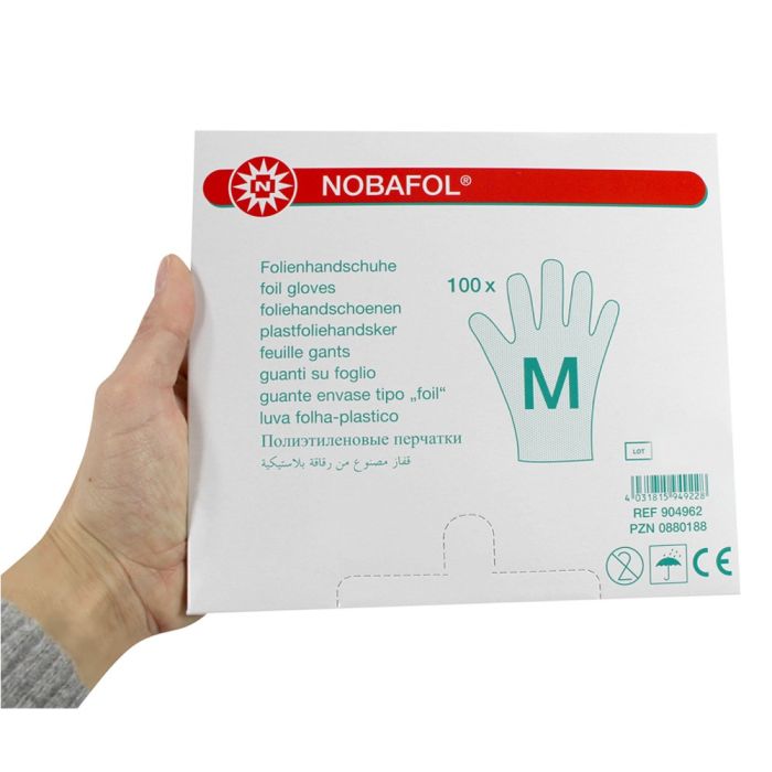 Transparentes, unsteriles Einweg-Folienhandschuh-Set aus PE-Material, ideal für hygienische Anwendungen in Gastronomie, Reinigung oder Pflege. Die Handschuhe sind leicht und flexibel, bieten eine gute Passform und hohe Fingerbeweglichkeit. Sie sind in einer Packung mit mehreren Paaren erhältlich. Auf dem Bild sind die Handschuhe flat und ordentlich übereinandergelegt zu sehen, mit einem klaren, hellen Hintergrund, der die Transparenz und das Design des Produkts hervorhebt.