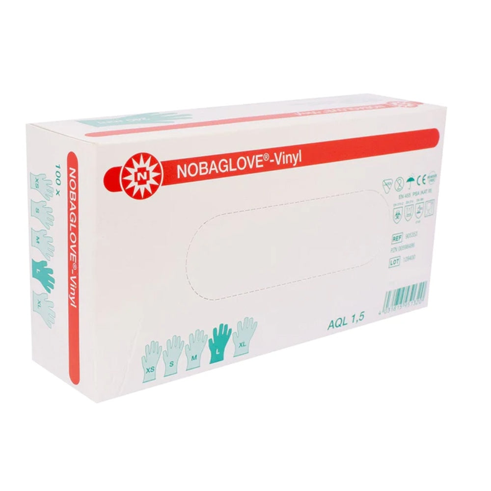 Weißer, puderfreier Vinyl-Einmalhandschuh der Marke Noba, Größe L. Der Handschuh ist transparent, sodass die Hände gut sichtbar sind. Die Oberfläche ist glatt, ohne sichtbare Textur. Der Handschuh ist in einer anatomischen Form gestaltet, um Komfort und Bewegungsfreiheit zu gewährleisten. Die Verpackung zeigt zuoberst den Produktnamen "Noba NoBaglove" in klarer, moderner Schrift. Unter dem Namen sind die Hinweise "puderfrei" und "Einmalhandschuhe" abgebildet.