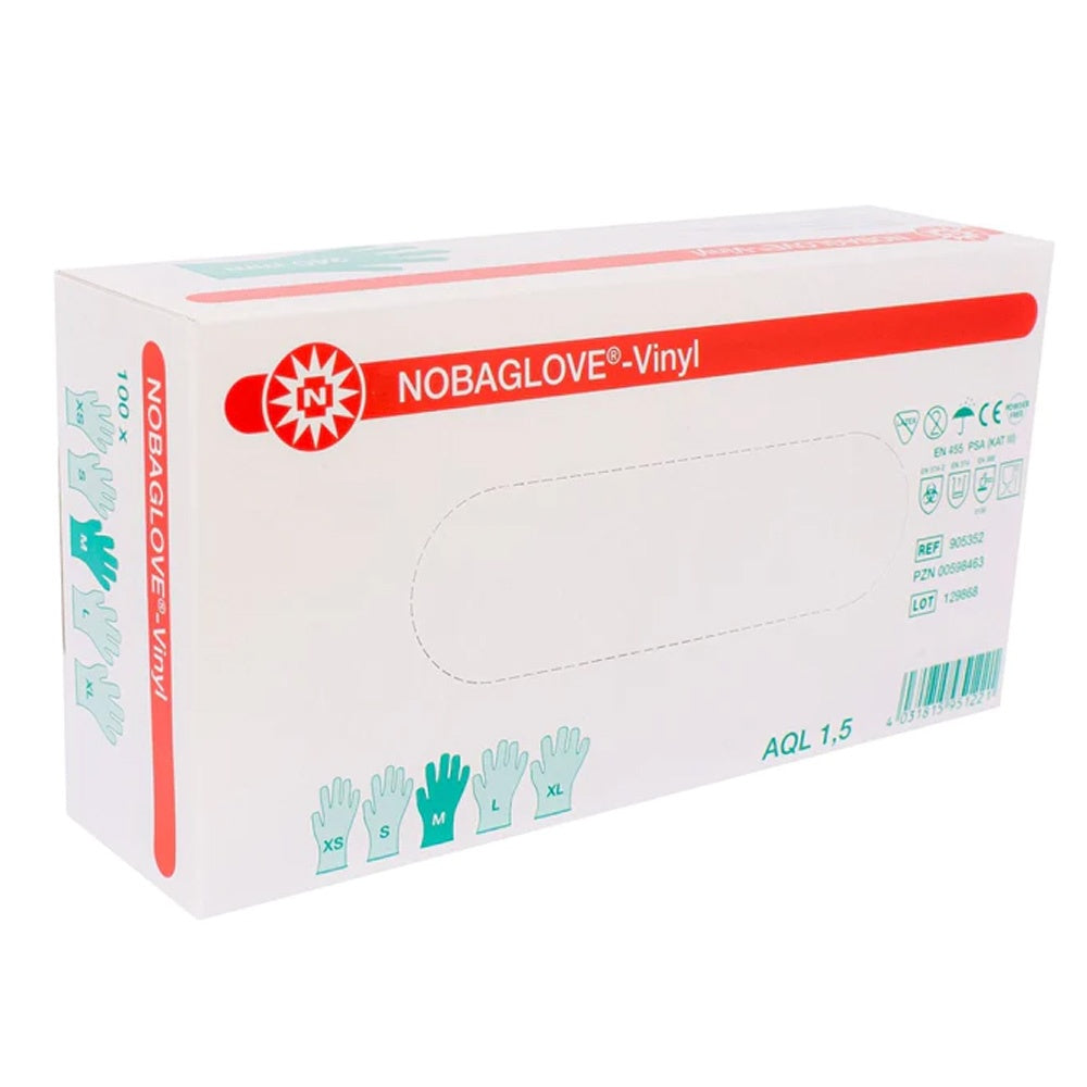 Ein Bild zeigt eine Packung von Noba NoBaglove Vinyl-Einmalhandschuhen der Größe M. Die Handschuhe sind puderfrei und transparent. Die Vorderseite der Verpackung zeigt das Produktdesign mit dem Markennamen „Noba“ und der Produktbezeichnung „NoBaglove Vinylhandschuhe“. Im Hintergrund sind zusätzlich einige Hinweise zur Verwendung abgebildet. Die Handschuhe sind in der Verpackung gestapelt und wirken hochwertig.