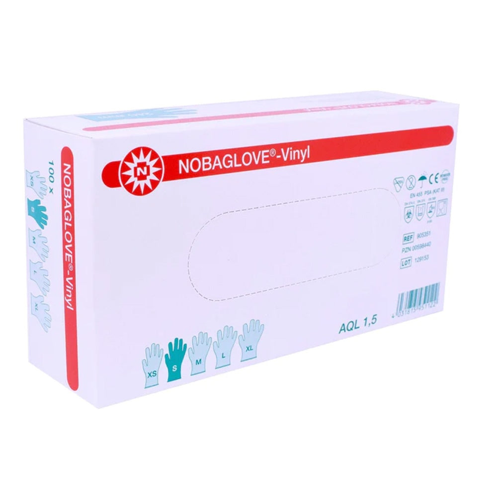 Ein Bild von einem Pärchen Noba NobaVinyl-Pulverfreien Einmalhandschuhen in Größe S. Die Handschuhe sind transparent und scheinen leicht glänzend. Auf der linken Seite ist die Verpackung zu sehen, die eine stilisierte Darstellung der Handschuhe zeigt, sowie Produktinformationen in gut lesbarer Schrift. Die Handschuhe selbst liegen ordentlich und leicht gefaltet, sodass ihre Form und Struktur gut erkennbar sind.